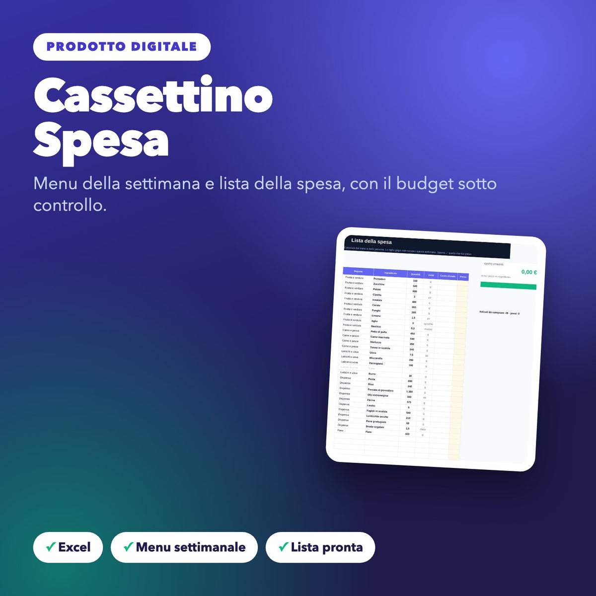 Cassettino Spesa – Menu settimanale e lista della spesa